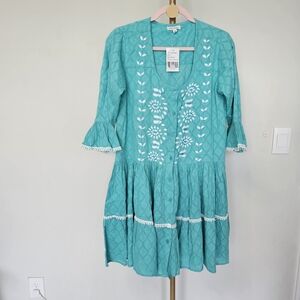 Moda Posa Turquoise Embroidered Tiered Midi Dress Size M
